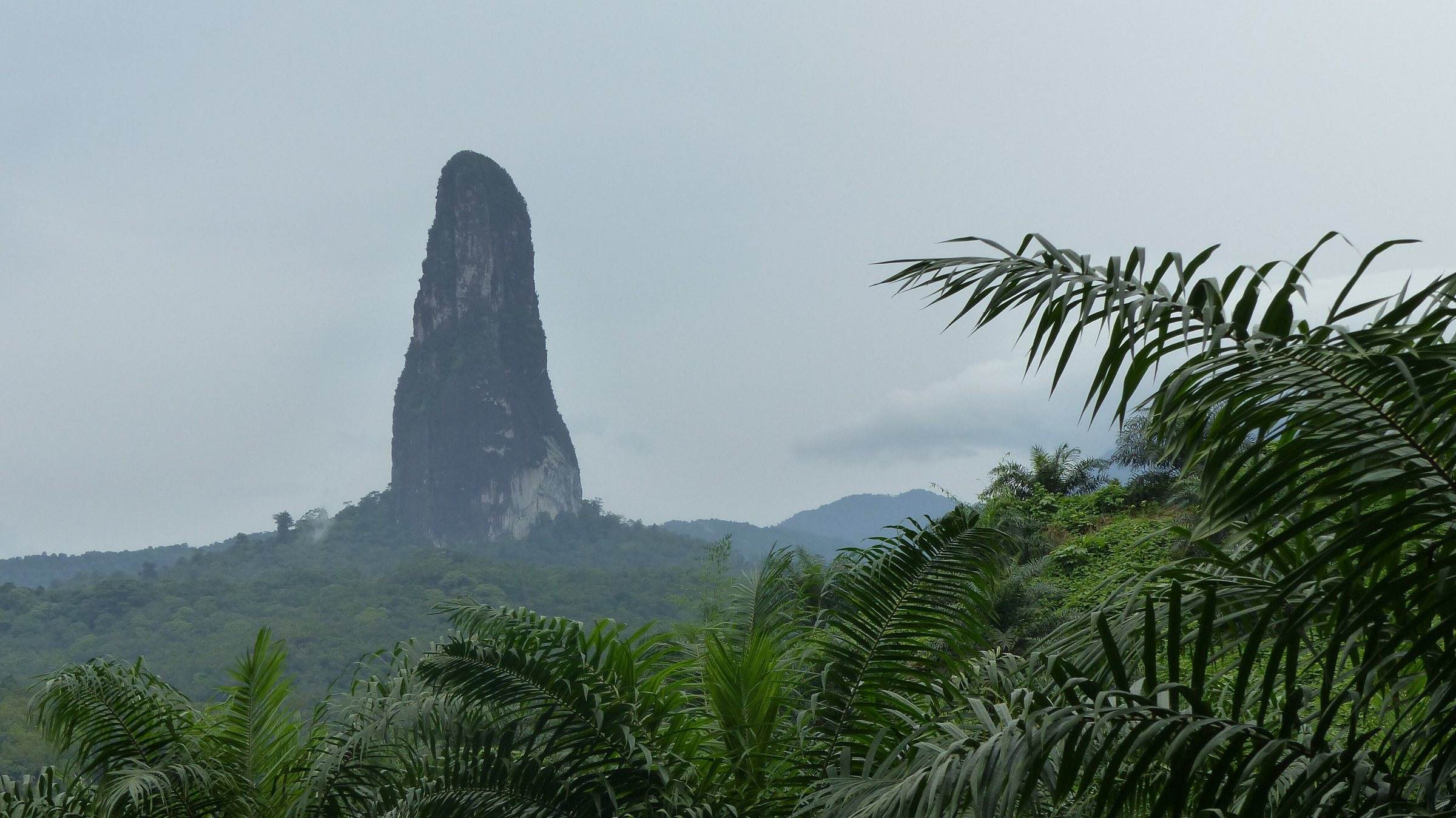 Pico Cão Grande, a volcanic needle of rock, rising above the rainforest of southern São Tomé