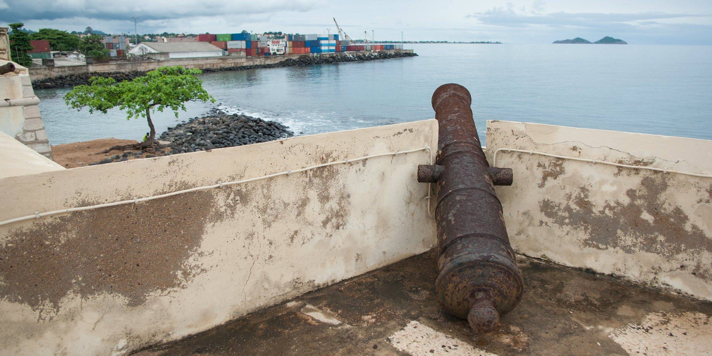 The bay of São Tomé seen from the fort walls, with the city along the shore
