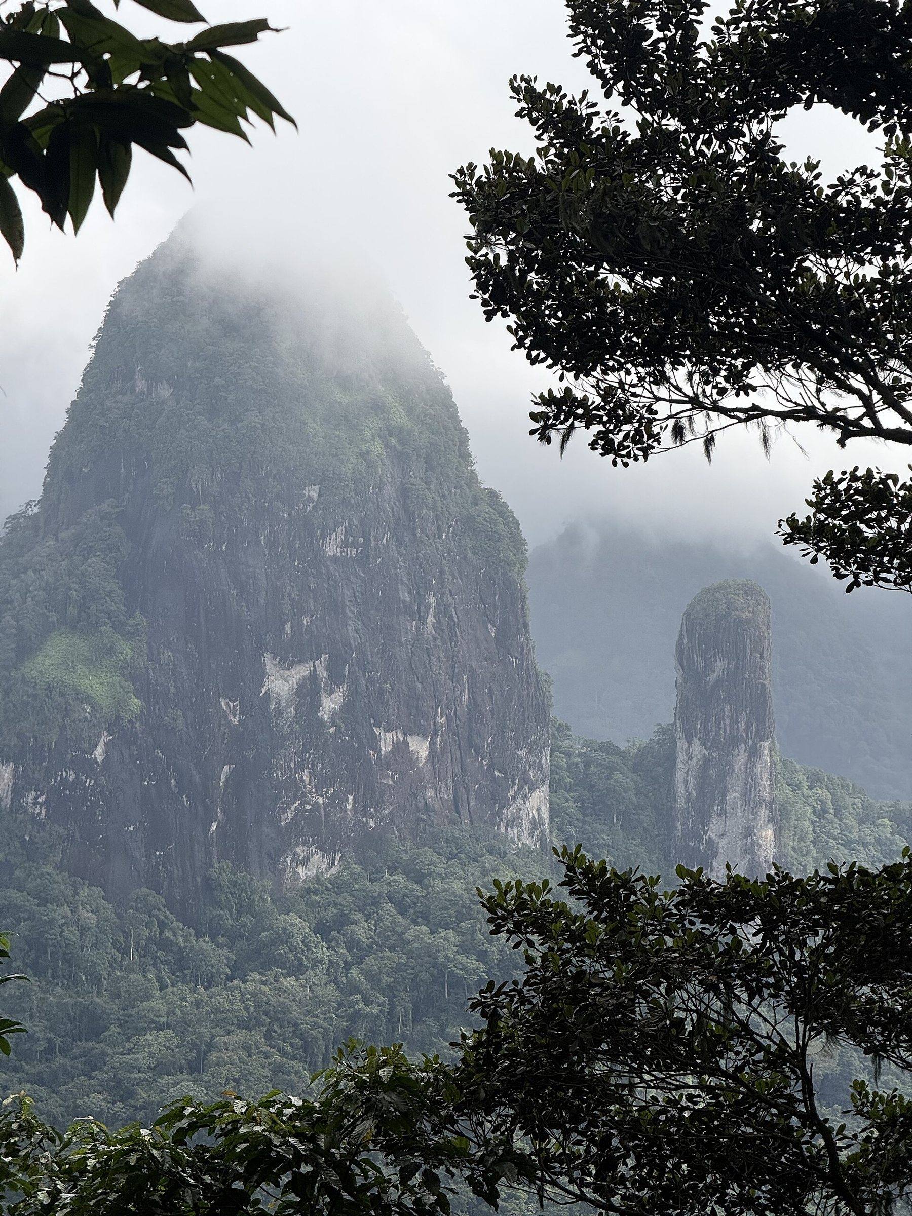 Steep forested volcanic peaks of Morro Fundão in the mist