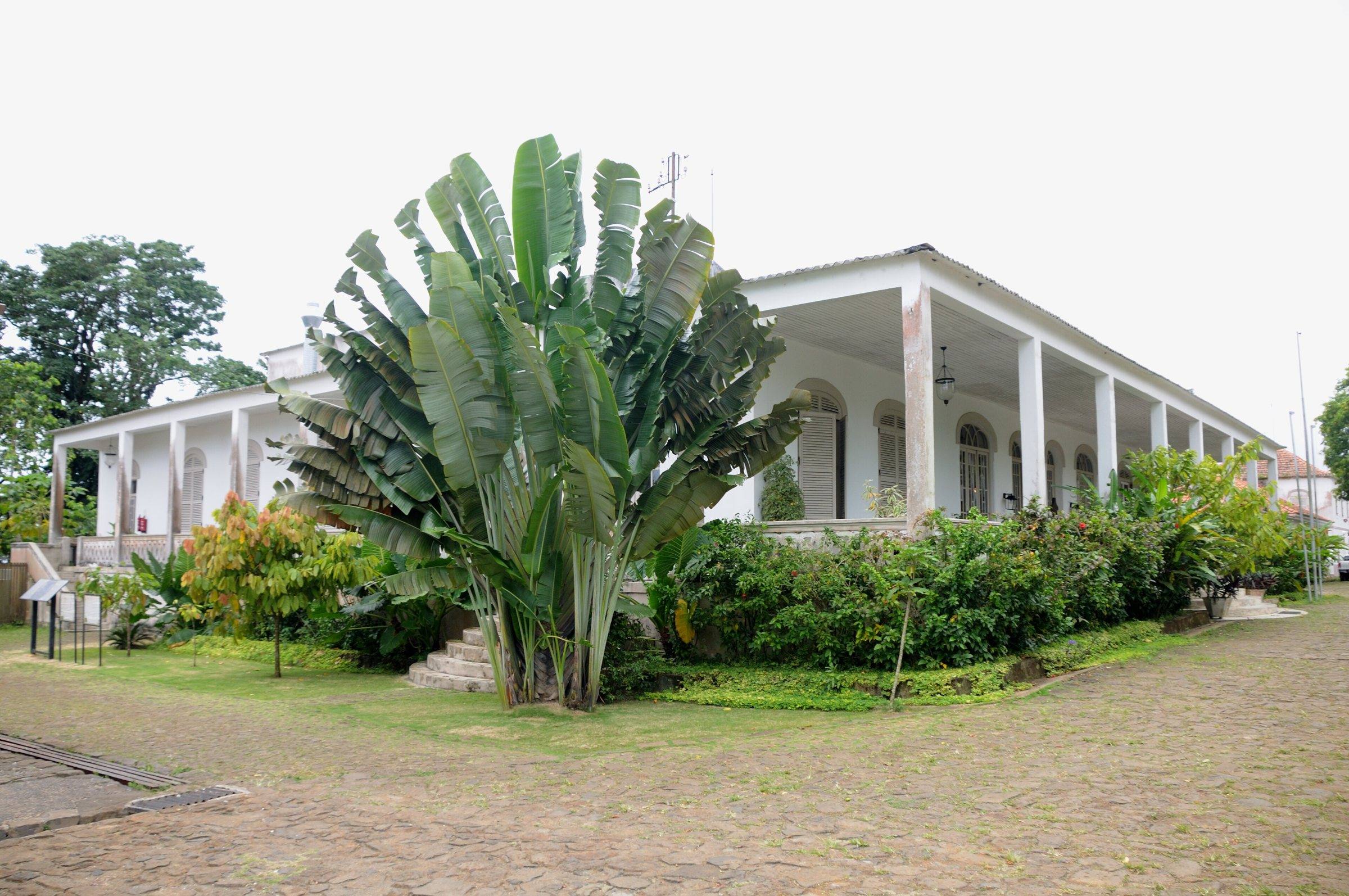 The restored main house at Roça Sundy surrounded by tropical plants